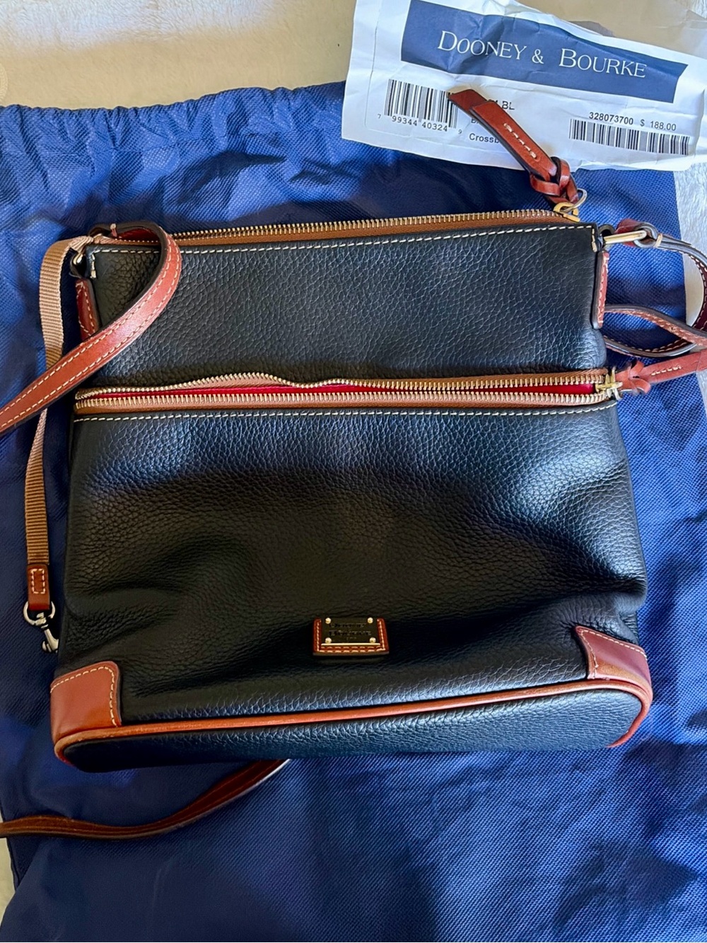 Dooney & Bourke Black Pebble Leather Crossbody with Brown Trim